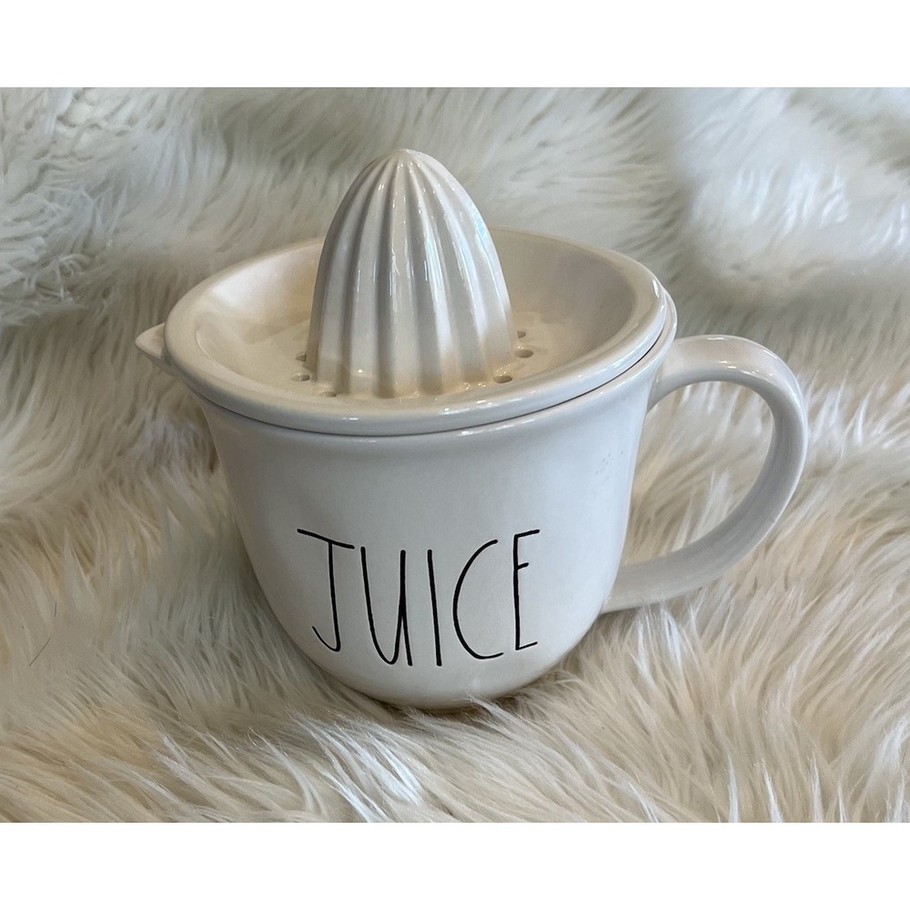 Rae Dunn JUICE Ceramic Citrus Juicer Artisan Collection by Magenta White 2 Piece